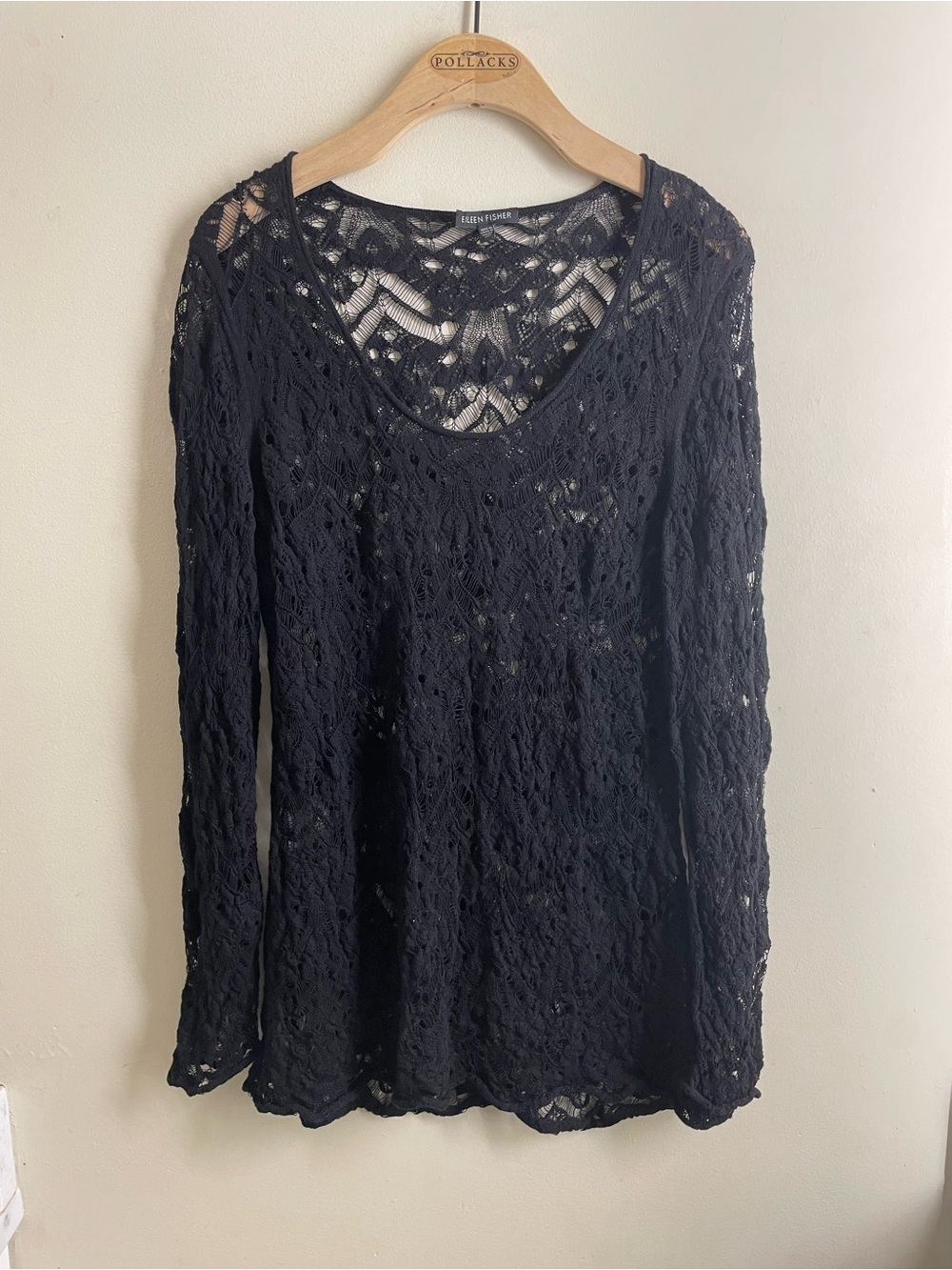 Eileen Fisher 100% Wool Open Knit Lace Top Long Sleeve Top Black size M